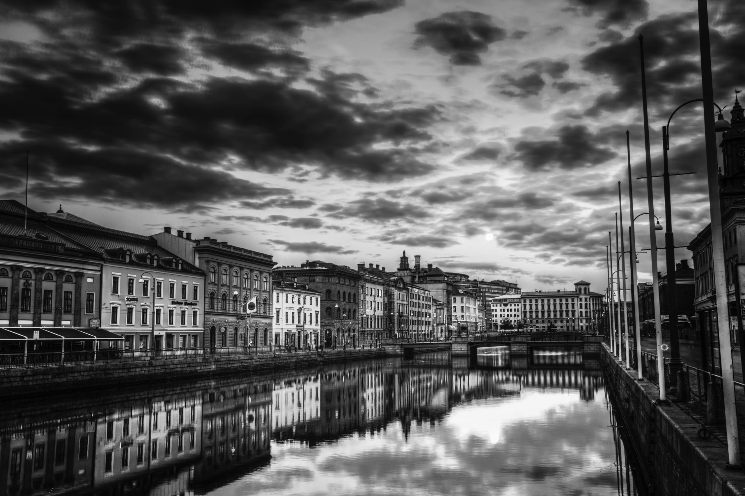 Gothenburg night cityscape reflection in black and white